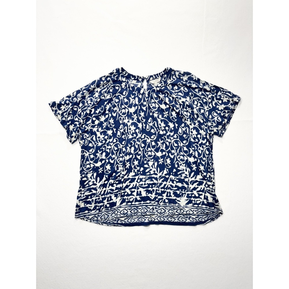 Lucky Brand Blouse Womens XL Blue Floral Short Sleeve Keyhole Top Boho Print